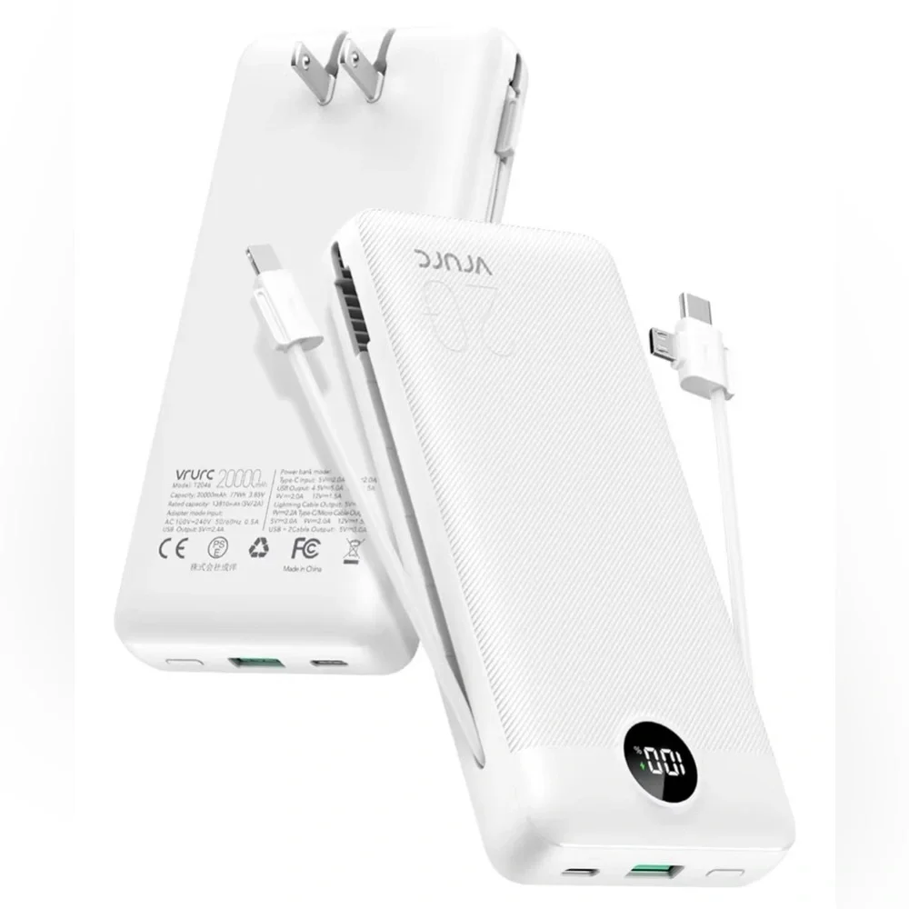 White Portable Power Bank with Built-in Cables The Box Is Damage